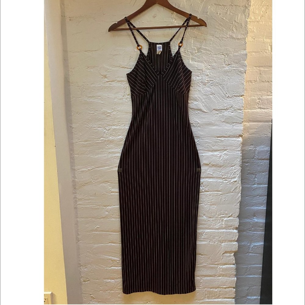 Pinstripe Stretch Woven Strappy Slim Dress w/rings